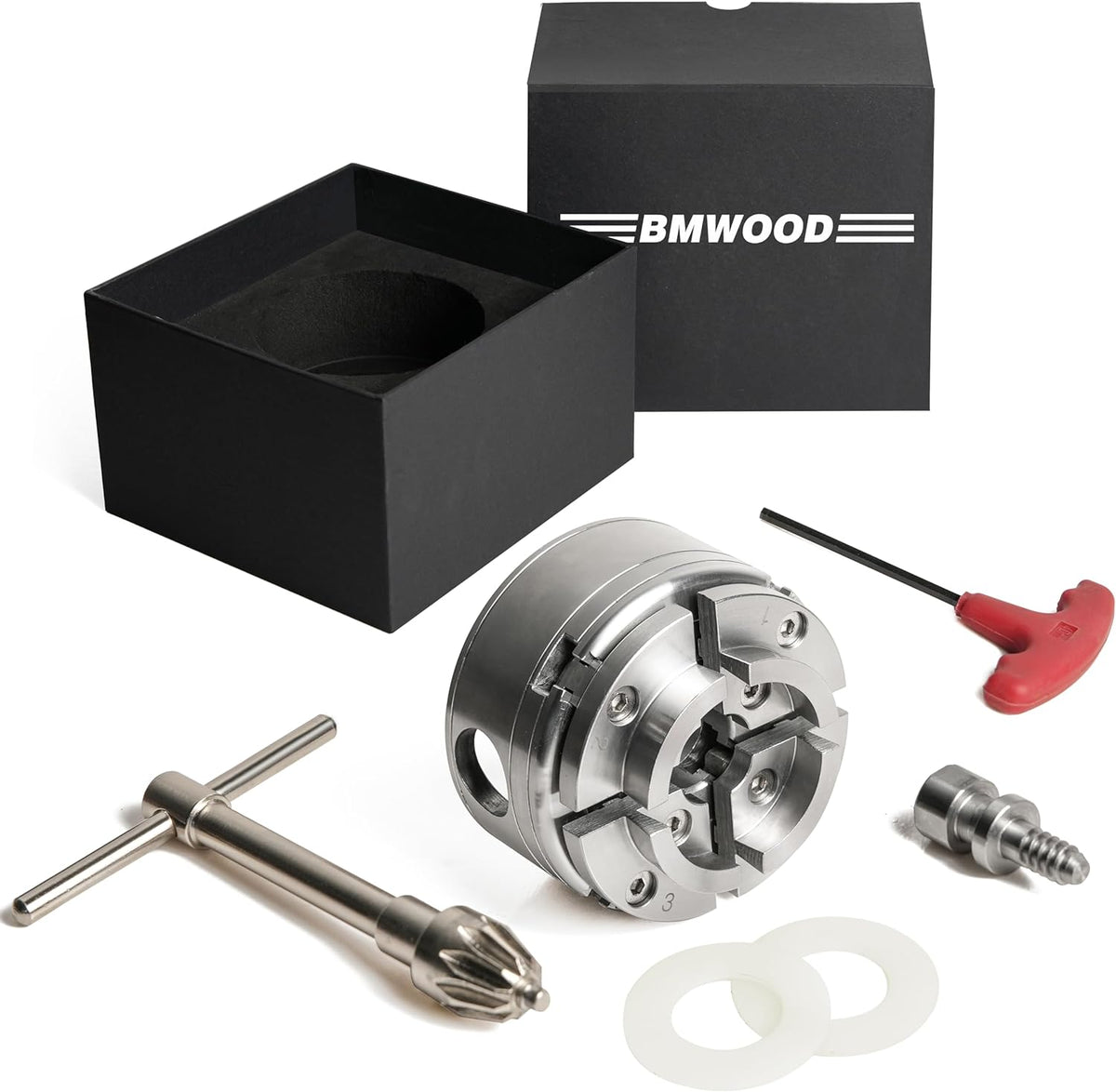 NCK-G3.75 3.75" 4 Jaw Key Self-Centering Chuck, Thread 1"X8TPI, with NCK-3.75Z-DJDD Dovetail Jaws, Wood Screw, Two Nylon Washers, T Handle Allen Key