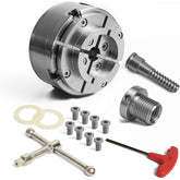 4.5" 4 Jaw Key Self-Centering Woodlathe Chuck, Thread 1-1/4"x8TPI", with Dovetail Jaws, Wood Screw, Thread adaptor to 1"x8TPI, Two Nylon Washers, Chuck Key and T Handle Key for Woodturning Lathe.